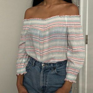 Pastel stripe off-shoulder shirred long sleeve top blouse, multi-color rainbow